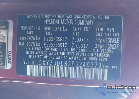 2015 Hyundai Santa Fe Sport 2.4L from USA, damaged, VIN 5XYZUDLB2FG249273